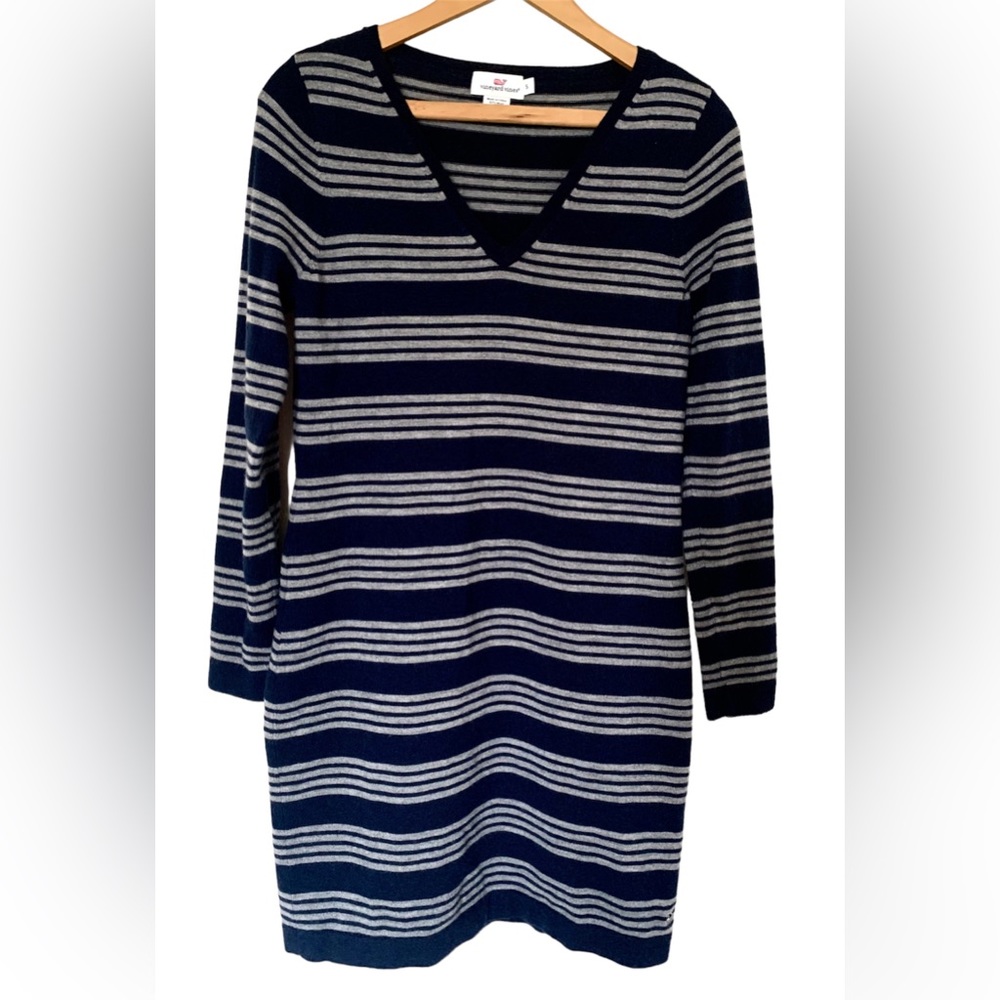 Vineyard Vines sweater dress S wool blend stretch v neck navy gray stripe preppy